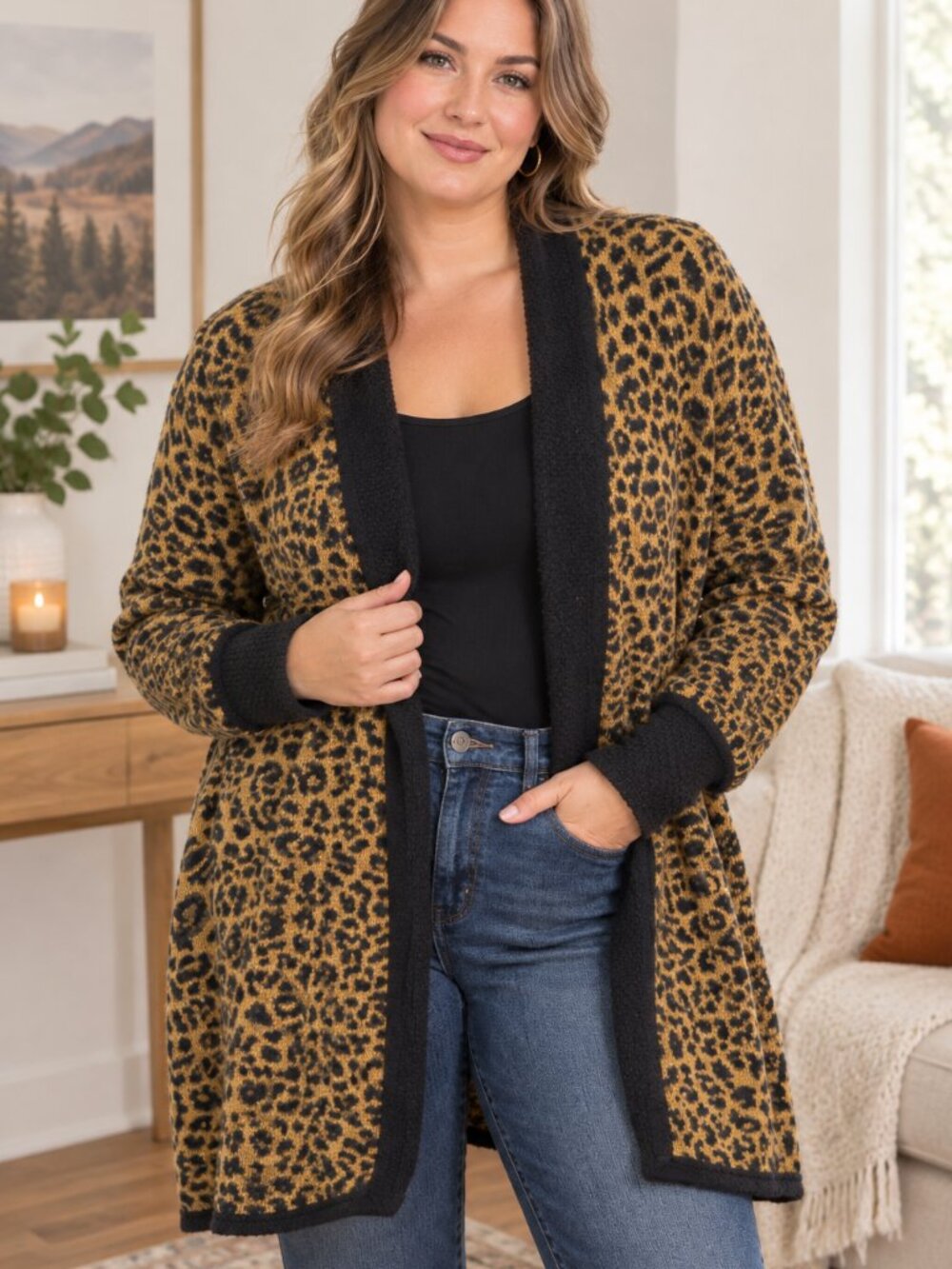 Lace by Les Nelly Anne Leopard Print Cardigan Sweater Size L